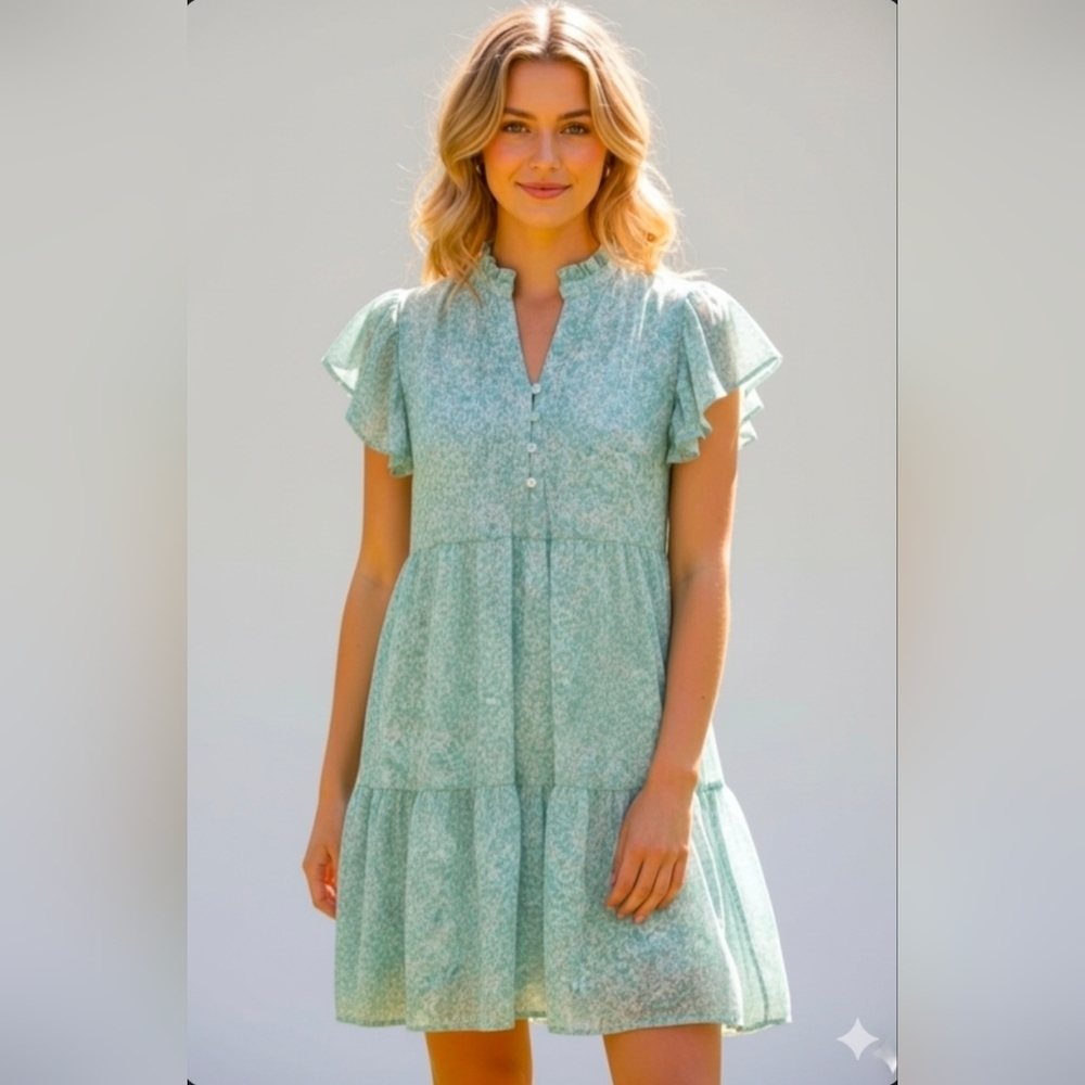 Entro Women's Tiered Prairie Dress Flutter Sleeves Size Small Mint Green